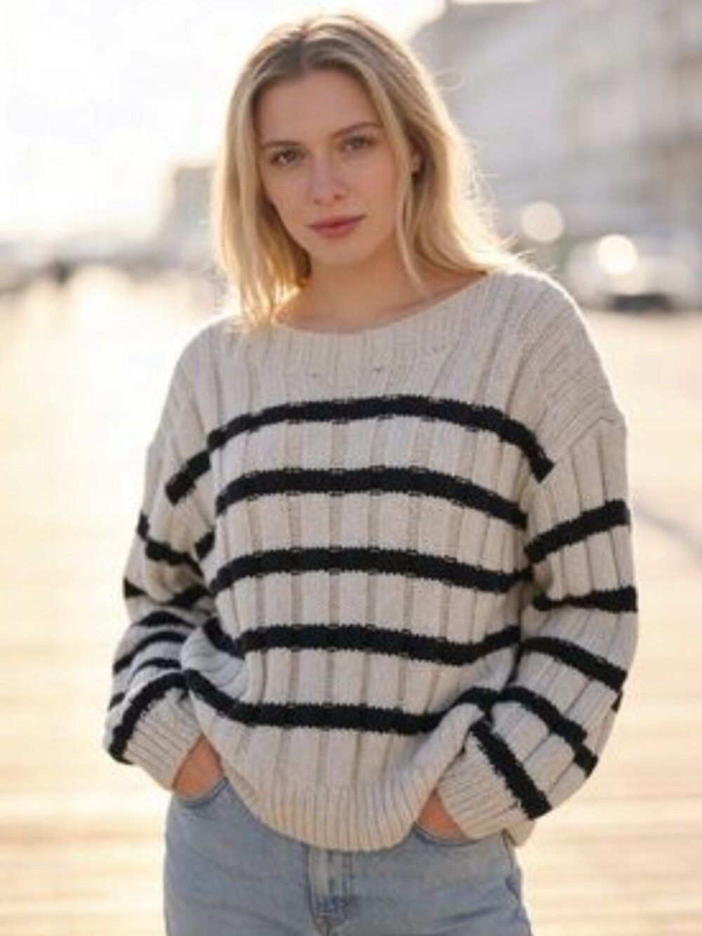 ZARA Striped Oversized Ribbed Knit Sweater Cream Navy Wide Neck - Size S